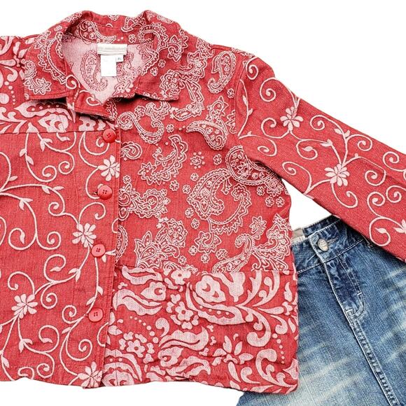 Coldwater Creek Y2k Red Floral & Paisley Prairie Chic Jacket PL - Made in USA - Picture 1 of 5